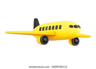 Cute 3D Cartoon Yellow and Black Airplane Isolated on White Background Side View. For Travel Advertise, Commercial Aviation or Air Transportation Concept. Vector Illustration of 3D Render.