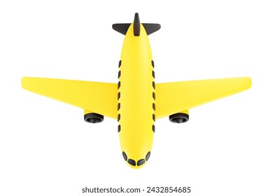 Avión lindo 3D amarillo y negro de la historieta aislado en la vista de fondo blanco arriba. Para publicidad de viaje o concepto de servicio de pasajeros. Ilustración vectorial de renderizado 3D.