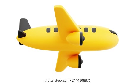 Cute 3D Cartoon Yellow and Black Airplane Isolated on White Background View from Side Below. For Travel Advertise or Commercial Aviation Concept. Vector Illustration of 3D Render.