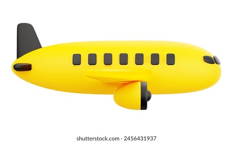 Cute 3D Cartoon Yellow and Black Airplane Isolated on White Background Side View. For Travel Advertise, Commercial Aviation or Airline Concept. Vector Illustration of 3D Render.