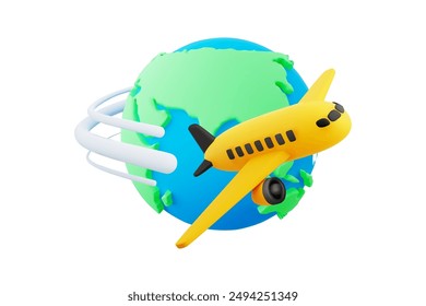 Cute 3d cartoon yellow and black airplane flying around the Earth. Concept of world journey by plane. Design element for travel, trip or tourism. Vector illustration of 3d render.