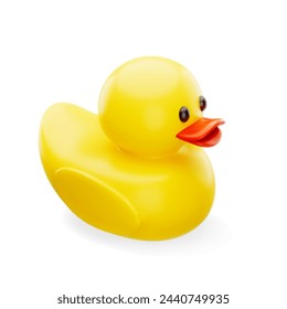 Juguete lindo del pato de goma amarillo de la historieta 3d con el pico rojo aislado en el fondo blanco. Elemento de diseño para el concepto de depuración de pato de goma o efecto patito, impresión. Ilustración vectorial de renderizado 3d.