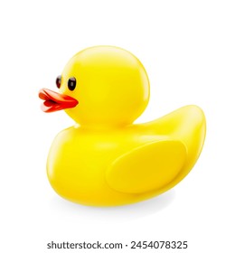 Cute 3d cartoon yellow rubber duck toy isolated on white background. Design element for bathing children or rubber duck debugging concept, duckling effect, imprinting. Vector illustration 3d render.