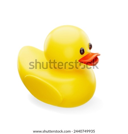 Cute 3d cartoon yellow rubber duck toy with red beak isolated on white background. Design element for rubber duck debugging concept or duckling effect, imprinting. Vector illustration of 3d render.