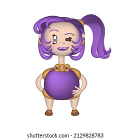 Cute 3D character in vector. Purple hair, gold jewelry on her face and a cheerful look. A girl in a fluffy skirt with golden beads, a round body.