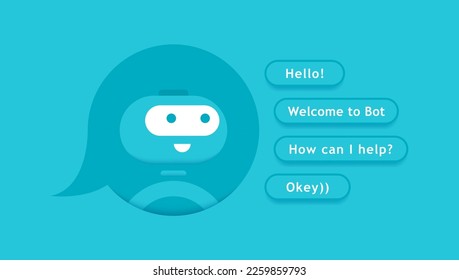 Cute 3d chatbot character on message box speech bubble. Chat bot with different message options. Bot for online consultation and support service. Flat vector illustration.