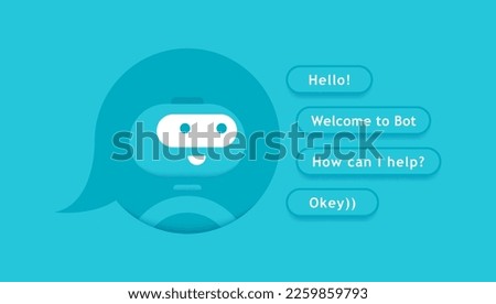Cute 3d chatbot character on message box speech bubble. Chat bot with different message options. Bot for online consultation and support service. Flat vector illustration.