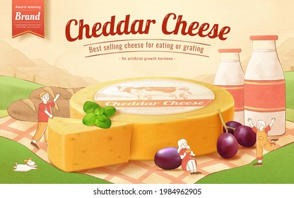Cute 3d cheddar cheese banner ad. Illustration of kids having fun on a plaid picnic mat with large cheese wheel over a engraving countryside field svg