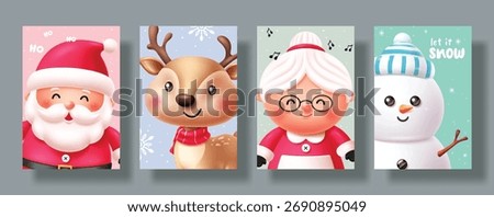 Cute 3D Christmas card set with Santa, Mrs. Claus, reindeer, and snowman characters.