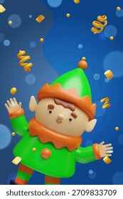 A cute 3d Christmas elf on a festive party invitation. Vertical template for holiday, celebration with a cartoon character and golden confetti on a blue background.