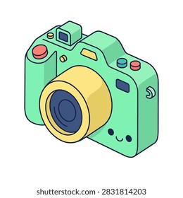 A cute 3D clay style camera illustration with a friendly happy face.