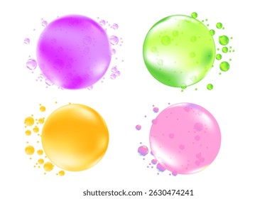 Cute 3D clear cosmetic bubbles or molecules icon set, pink, purple, yellow, green vector cosmetology droplet isolated elements. Beauty serum skin care hydro gel, moisture anti age cream