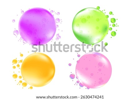 Cute 3D clear cosmetic bubbles or molecules icon set, pink, purple, yellow, green vector cosmetology droplet isolated elements. Beauty serum skin care hydro gel, moisture anti age cream