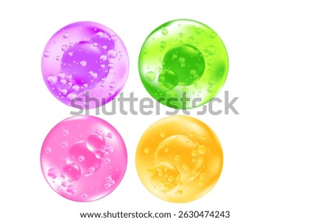 Cute 3D clear cosmetic bubbles or molecules icon set, pink, purple, yellow, green vector cosmetology droplet isolated elements. Beauty serum skin care hydro gel, moisture anti age cream