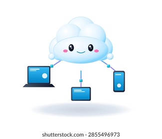 Cute 3D Cloud Computing Techology Concept with Connected Devices