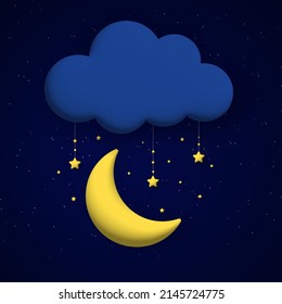 Nube 3d, luna y estrellas en el fondo del cielo nocturno. Composición cuadrada. Ilustración vectorial.
