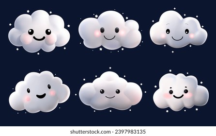 Cute 3d clouds. White fluffy cartoon icons, dark backdrop, cumulus shapes on night sky, kids kawaii characters with funny faces, vector set