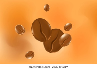 Cute 3D coffee beans with glowing texture. Beige, brown watercolor background with flowing motion of coffee beans. Elegant coffee illustration for cafe presentation, coffee shop advertising poster.