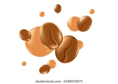 Cute 3D coffee beans with glowing bubbles isolated, transparent background. Elegant coffee decoration element for cafe menu presentation, coffee shop poster ads, infographics, commercial banner