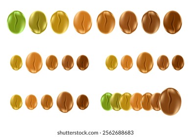 Cute 3D coffee beans icon set, various roast types, RAW green to dark roasted, isolated PNG, transparent background. Elegant coffee seeds decoration for cafe menu presentation, coffee shop sticker