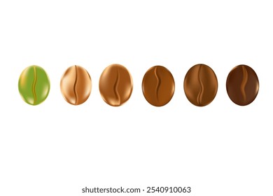 Cute 3D coffee beans set, various types, from green to dark roasted, isolated PNG, transparent background. Elegant coffee seeds decoration element for cafe menu presentation, coffee shop sticker