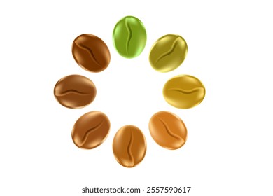 Cute 3D coffee beans, various seed color from green to dark roasted, isolated PNG, transparent background. Elegant coffee decoration element for cafe menu presentation, coffee shop sticker