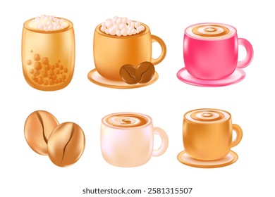 Cute 3D coffee cup set with different flavors, toppings isolated icon, transparent background. Cappuccino mug with glowing glass or plastic texture. Elegant decorative element, coffee clipart.