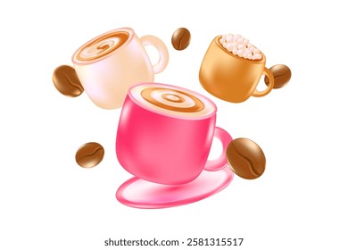 Cute 3D coffee cup set isolated, transparent PNG. Cappuccino mug floating with scattered coffee beans. Great for cafe menu decoration, delivery price stickers, discount sale, commercial presentation.