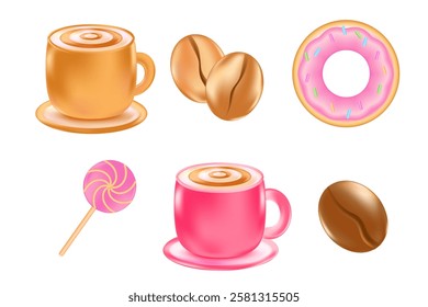 Cute 3D coffee icons isolated, transparent PNG. Pink cappuccino cup, donut, candy can, coffee bean. Great for cafe menu, delivery price, discount sale, coffee shop decorative element clip art, sticker