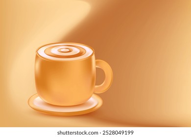 Linda taza de café 3D, fondo brillante beige con espacio de copia. Fondo de cafetería con textura de gradiente. Ideal para menú de cafetería, Precio de entrega, venta con descuento, anuncios comerciales, presentación de bebidas calientes