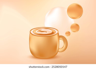 Linda taza de café 3D, fondo beige con espacio de copia. Fondo de cafetería con textura de gradiente. Ideal para menú de cafetería, Precio de entrega, venta con descuento, anuncios comerciales, presentación de bebidas calientes.