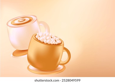 Cute 3D cup of coffee, light beige background with copy space. Coffee shop backdrop with gradient texture. Great for cafe menu, delivery price, hot drinks presentation.