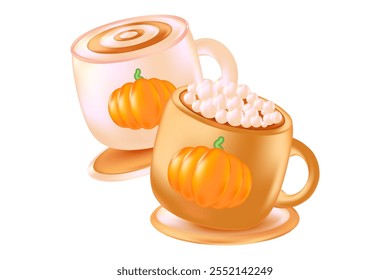 Linda taza de café 3D con calabazas. Ilustración de café con leche de especias de calabaza aislado PNG, fondo transparente. Ideal para menú de cafetería, Precio de entrega, venta con descuento, anuncios comerciales, presentación de bebidas calientes