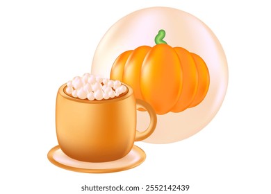 Linda taza de café 3D con calabazas. Ilustración de café con leche de especias de calabaza aislado PNG, fondo transparente. Ideal para menú de cafetería, Precio de entrega, venta con descuento, anuncios comerciales, presentación de bebidas calientes