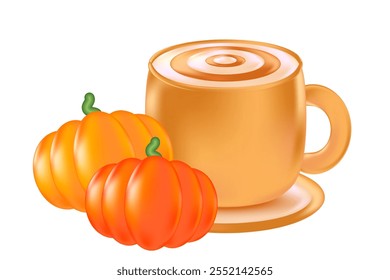 Linda taza de café 3D con calabazas. Ilustración de café con leche de especias de calabaza aislado PNG, fondo transparente. Ideal para menú de cafetería, Precio de entrega, venta con descuento, anuncios comerciales, presentación de bebidas calientes