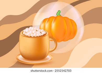 Linda taza de café 3D con calabazas. Ilustración de café con leche de especias de calabaza aislado PNG, fondo transparente. Ideal para menú de cafetería, Precio de entrega, venta con descuento, anuncios comerciales, presentación de bebidas calientes