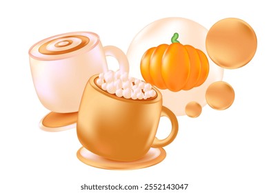 Linda taza de café 3D con calabazas. Ilustración de café con leche de especias de calabaza aislado PNG, fondo transparente. Ideal para menú de cafetería, Precio de entrega, venta con descuento, anuncios comerciales, presentación de bebidas calientes