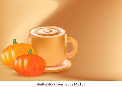 Xícara de café 3D bonito com abóboras. Pumpkin spice latte ilustração isolado PNG, fundo transparente. Ótimo para menu café, preço de entrega, venda com desconto, anúncios comerciais, apresentação de bebidas quentes