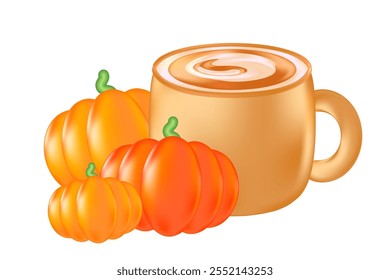 Linda taza de café 3D con calabazas. Ilustración de café con leche de especias de calabaza aislado PNG, fondo transparente. Ideal para menú de cafetería, Precio de entrega, venta con descuento, anuncios comerciales, presentación de bebidas calientes