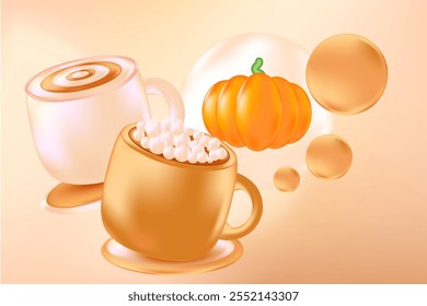 Linda taza de café 3D con calabazas. Ilustración de café con leche de especias de calabaza aislado PNG, fondo transparente. Ideal para menú de cafetería, Precio de entrega, venta con descuento, anuncios comerciales, presentación de bebidas calientes