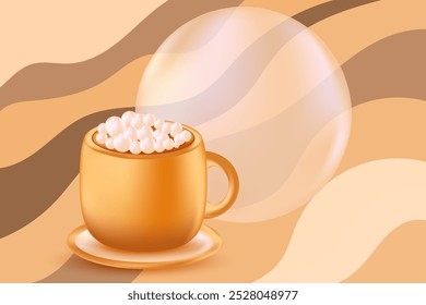 Cute 3D cup of whipped coffee background with copy space. Coffee shop backdrop with wavy geometric texture. Great for cafe menu price, discount sale, commercials, hot drinks presentation, infographic.