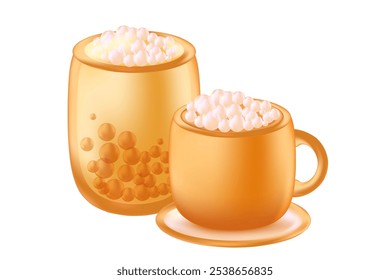 Cute 3D cup of whipped coffee, bubble tea glass isolated, transparent PNG. Coffee shop beige decoration with glowing plastic texture. Great for cafe menu, delivery price, hot drinks presentation.