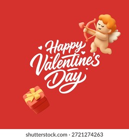 Cute 3D cupid shooting arrows of love from a bow, gift box. Red banner with greetings for Valentine's Day. Vector illustration.