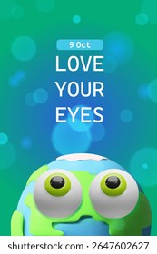 Uma Terra 3D bonitinha com grandes olhos de desenho animado está olhando para cima em um fundo de gradiente brilhante que marca o Dia Mundial da Visão. Campanhas de conscientização sobre saúde ocular, posts em mídias sociais e materiais educacionais.