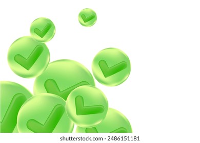 Cute 3D eco friendly check mark icon, in green glowing bubbles, isolated transparent background. Positive, approve icon. Vote vector clipart. Great for decoration, presentation, banner