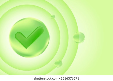 Cute 3D eco friendly check mark icon, in green glowing bubbles, business design element presentation, infographic steps. Yes or approve icon. Vote vector clipart.