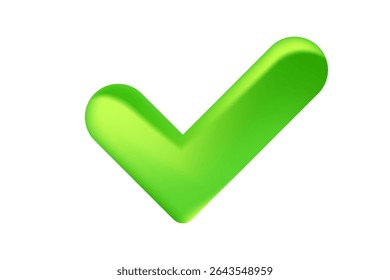 Cute 3D eco friendly check mark icon isolated, transparent background. Yes or approve icon, vote vector clipart. Glowing glass or plastic texture cyber data protection, safety or trust