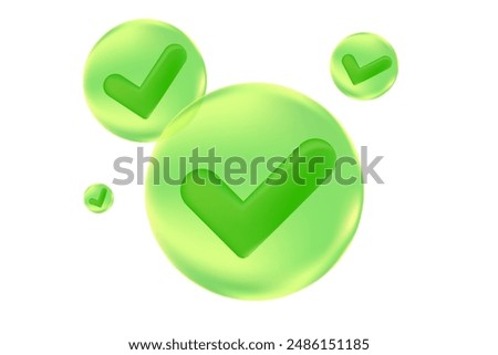 Cute 3D eco friendly check mark icon, in green glowing bubbles, isolated transparent design element. Yes or approve icon. Vote vector clipart. Great for decoration, presentation, banner