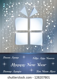 cute 3d effect box gift with Happy New Year message in several languages on magical background