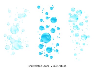 Cute 3D flowing blue liquid water bubbles or fluid glowing air bubbles droplets isolated, transparent background. Sparkling water, moisture condensation molecules or particles